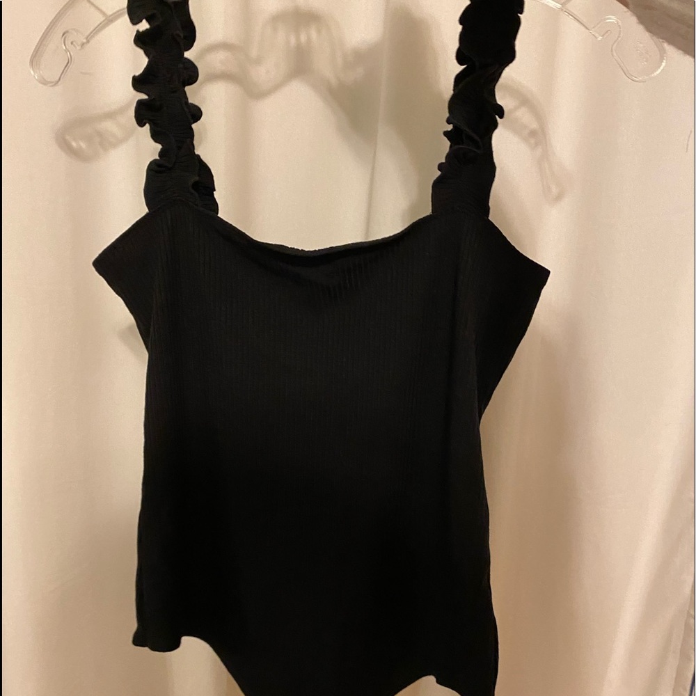 Double Zero black ruffle strap ribbed bodysuit SM